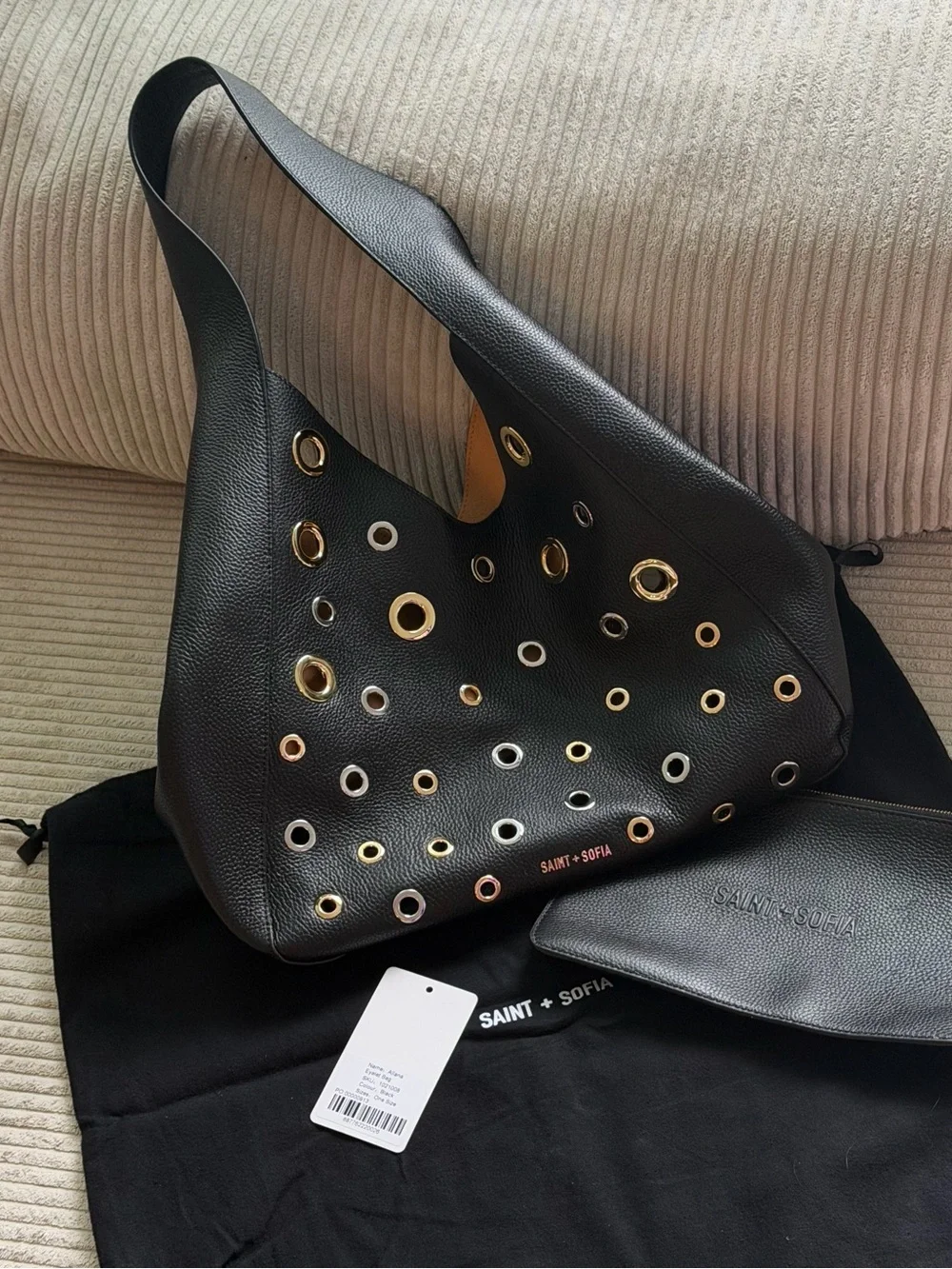 Saint + Sofia Black Leather Eyelet Hobo Bag